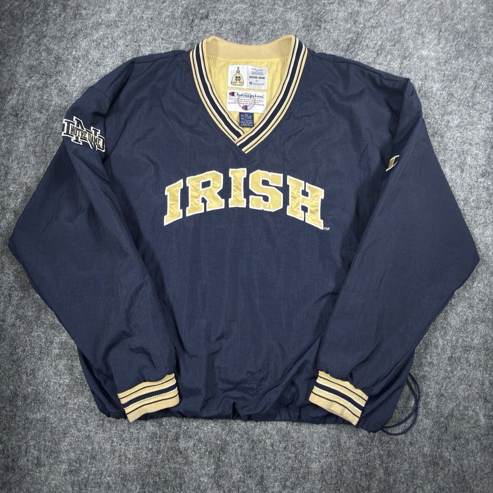 VTG Champion Notre Dame Windbreaker Mens XXL Navy Blue V-Neck Fighting Irish